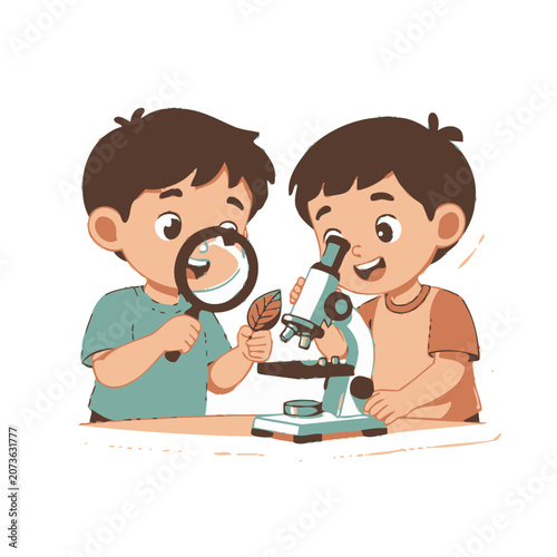 Cartoon boys using microscope and magnifying glass
