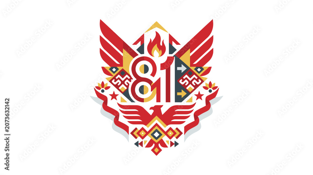 Obraz premium Stylized emblem featuring number eighty one with phoenix wings and ethnic patterns. EPS Editable. Vector Illustrations.