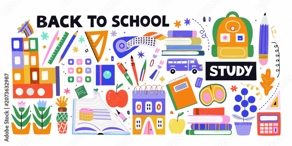Naklejka premium School supplies and learning objects colorful vector illustration