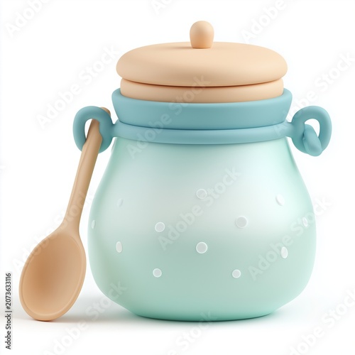 Clay style honey jar with wooden spoon isolated on white background
