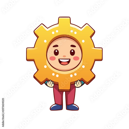 Cartoon character wearing a large yellow gear costume