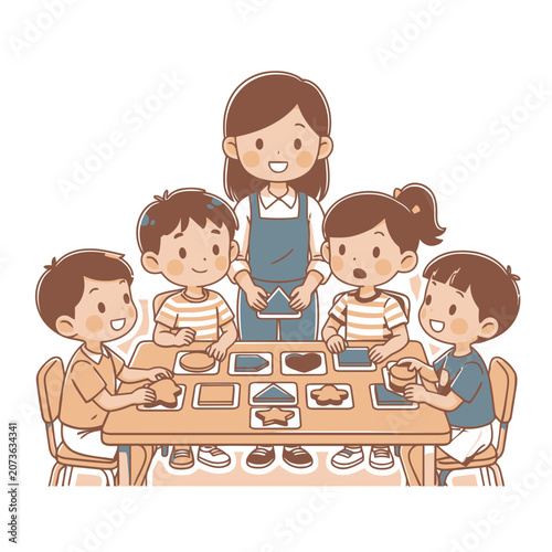 Cartoon children learning with teacher in classroom