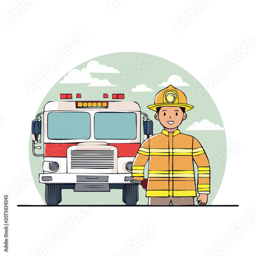 Cartoon Firefighter with Fire Truck Illustration