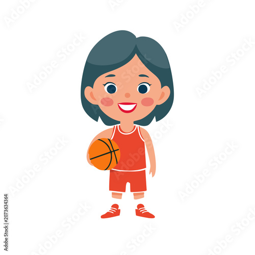 Cartoon girl holding a basketball in red uniform