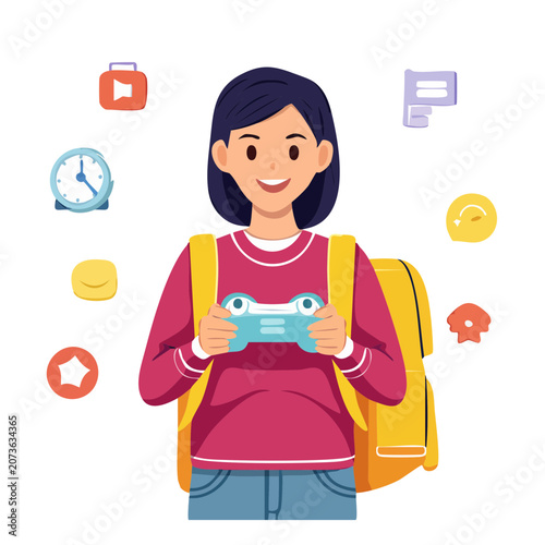 Cartoon girl holding game controller with backpack and icons