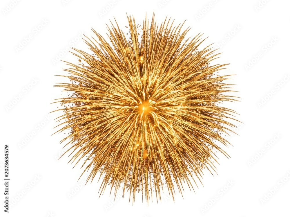 Obraz premium A golden firework explodes in a dazzling display, creating a starburst effect. The bright light radiates outwards, illuminating the dark sky