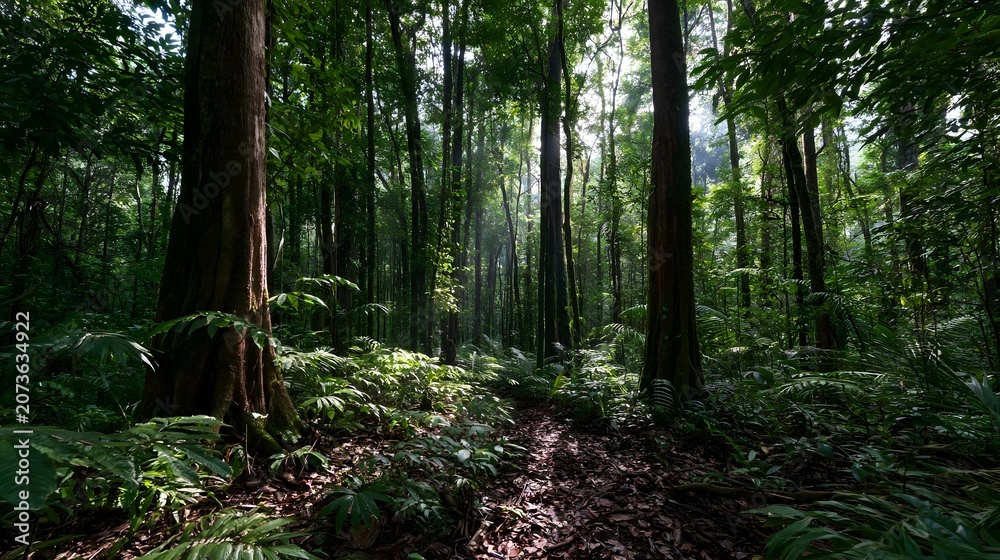 Fototapeta premium A breathtaking view of a pristine dense rainforest filled with diverse plant life and dramatic light patterns
