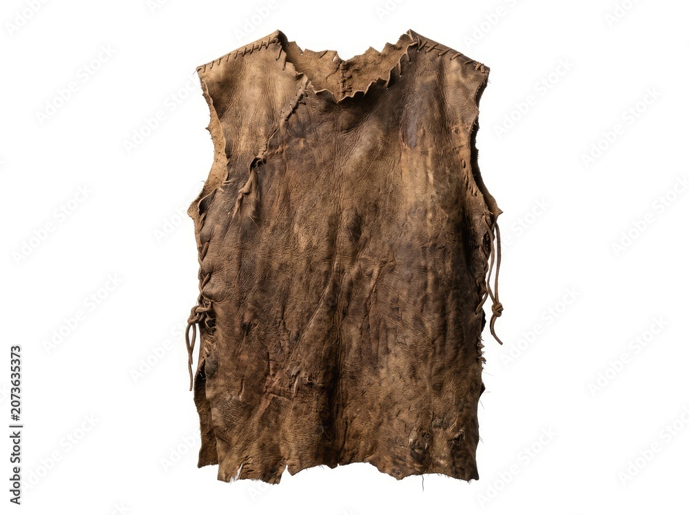 Fototapeta premium An ancient, rough-hewn leather vest, showing signs of wear and tear, with ties on the side. The vest has a primitive, rugged aesthetic