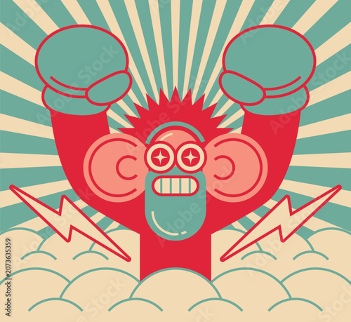 Canvas Print Retro pop art flat vector illustration of a cool energized monkey with big ears and star eyes wearing boxing gloves against a sunburst background