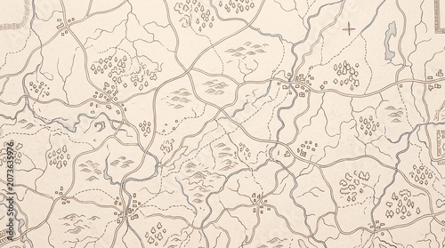 Vintage hand drawn fantasy map with winding roads forests and rivers on sepia background
