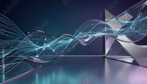 Abstract cyber system featuring modern glass structure with dynamic information connection