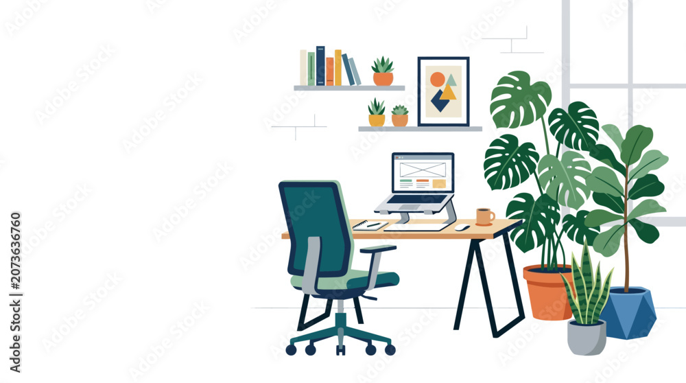 Fototapeta premium Modern home office setup with plants and books on shelves.