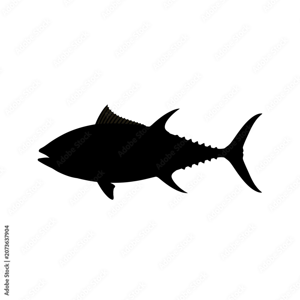 Fototapeta premium Black tuna silhouette isolated on white for marine logos, seafood design, and fishing symbols