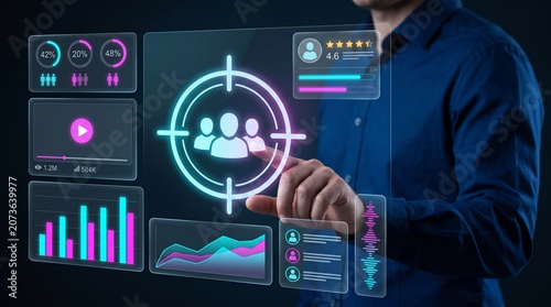 Digital marketing strategy and audience targeting. Businessman interacts with data analytics dashboard, customer engagement insights, and conversion tracking.