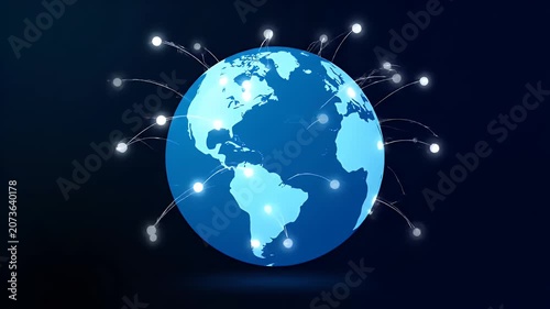 Digital Earth Network Animation - Global Connectivity and Data Flow on a Blue Background.