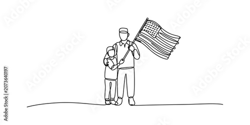 Bild auf Leinwand Continuous one line drawing of a military soldier father standing with his child