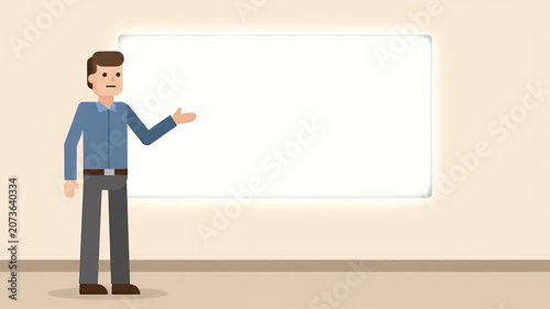 Animated Male Character Presenting Information on a Whiteboard in a Modern Office Setting.