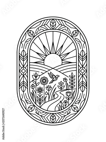 Minimalist line art illustration of a nature landscape with sun and bird in oval frame. EPS Editable. Vector Illustrations.