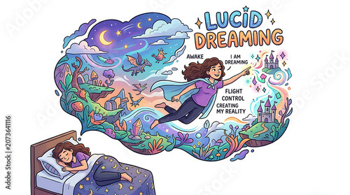 Lucid Dreaming Illustration of Girl Flying Above Bed