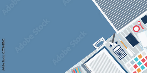 Obraz na plátně Office Supplies Arrangement Flat Vector Illustration With Blue Background