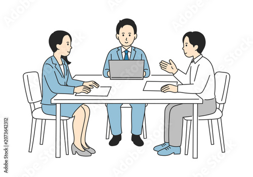 ビジネス会議・ミーティングで話し合うビジネスパーソンの線画イラスト