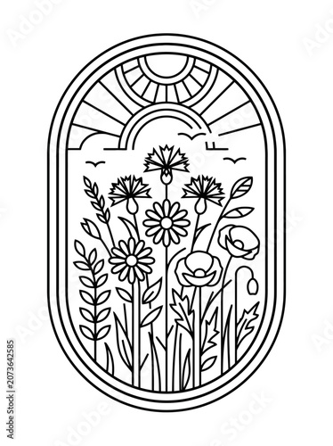 Wildflower line art illustration with sun in oval frame. EPS Editable. Vector Illustrations.
