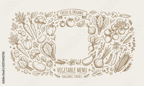 Bild auf Leinwand Vector vintage engraving illustration banner of vegetables frame with fresh organic agricultural crops and healthy foods
