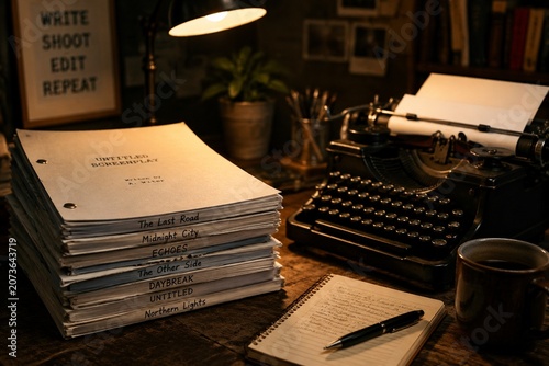 Stacked movie scripts beside vintage typewriter, warm desk lamp, creative workspace atmosphere.