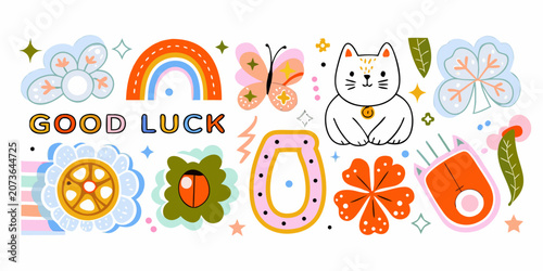 Fotografía Floral ornaments rainbow and lucky cat vector illustration with pastel colors