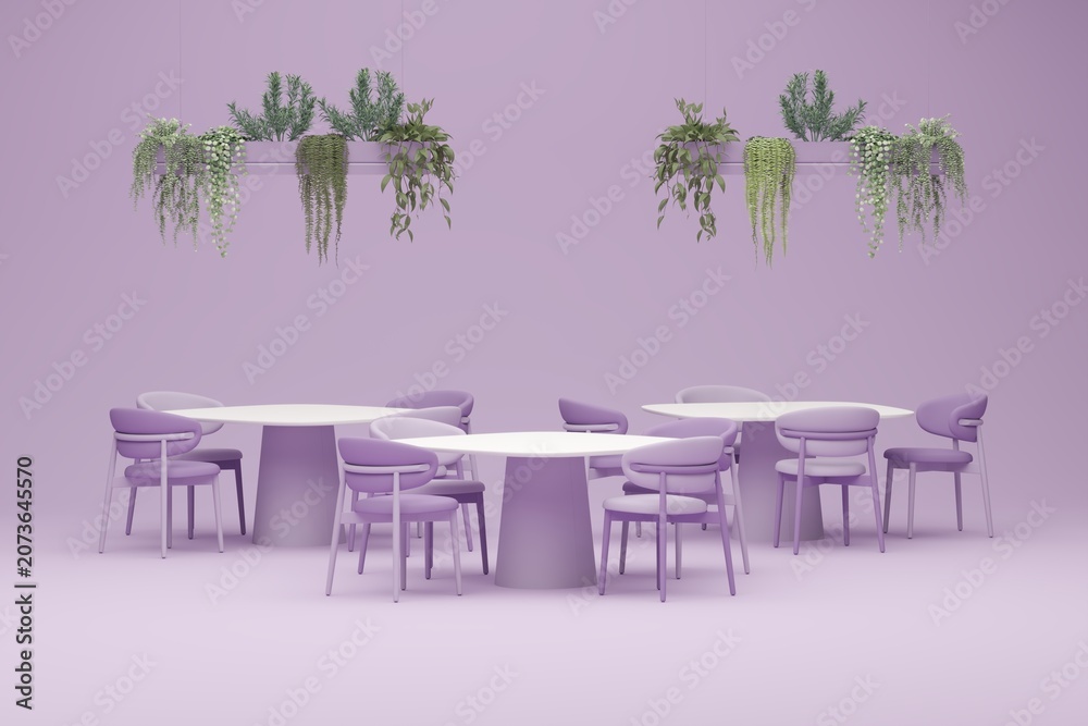 Obraz premium Minimal Coffee shop restaurant design green, purple, pastel background . Wall back counter pastel decor. 3d render