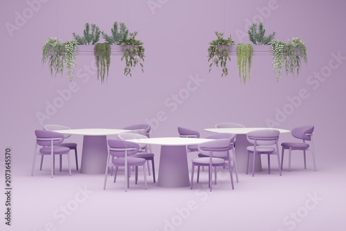 Minimal Coffee shop restaurant design green, purple, pastel background . Wall back counter pastel decor. 3d render