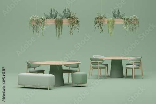Minimal Coffee shop restaurant design green, purple, pastel background . Wall back counter pastel decor. 3d render