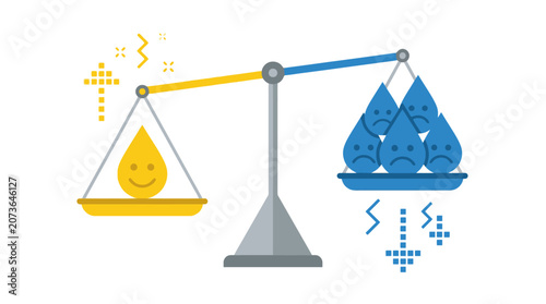 Conceptual illustration of balance scale comparing one happy yellow drop against multiple sad blue drops. EPS Editable. Vector Illustrations.