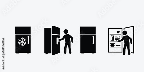 Refrigerator appliance icon set showing kitchen equipment with food and drinks interior view for household food storage use.