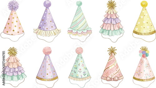 Cute Pastel Party Hat Vector Set with Gold Glitter Accents and Ruffles for Birthday Celebrations, Baby Showers, Greetings, and Festive Pattern Designs
