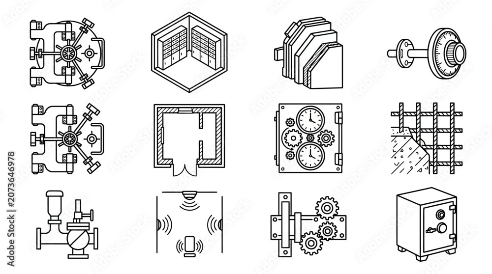 Fototapeta premium Industrial vault door and security infrastructure icons.