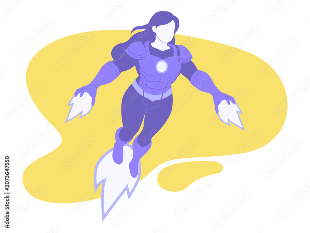 Fototapeta premium A female superhero flying with booster effects on her feet and hands. Super human illustrations. Flat vector concepts.