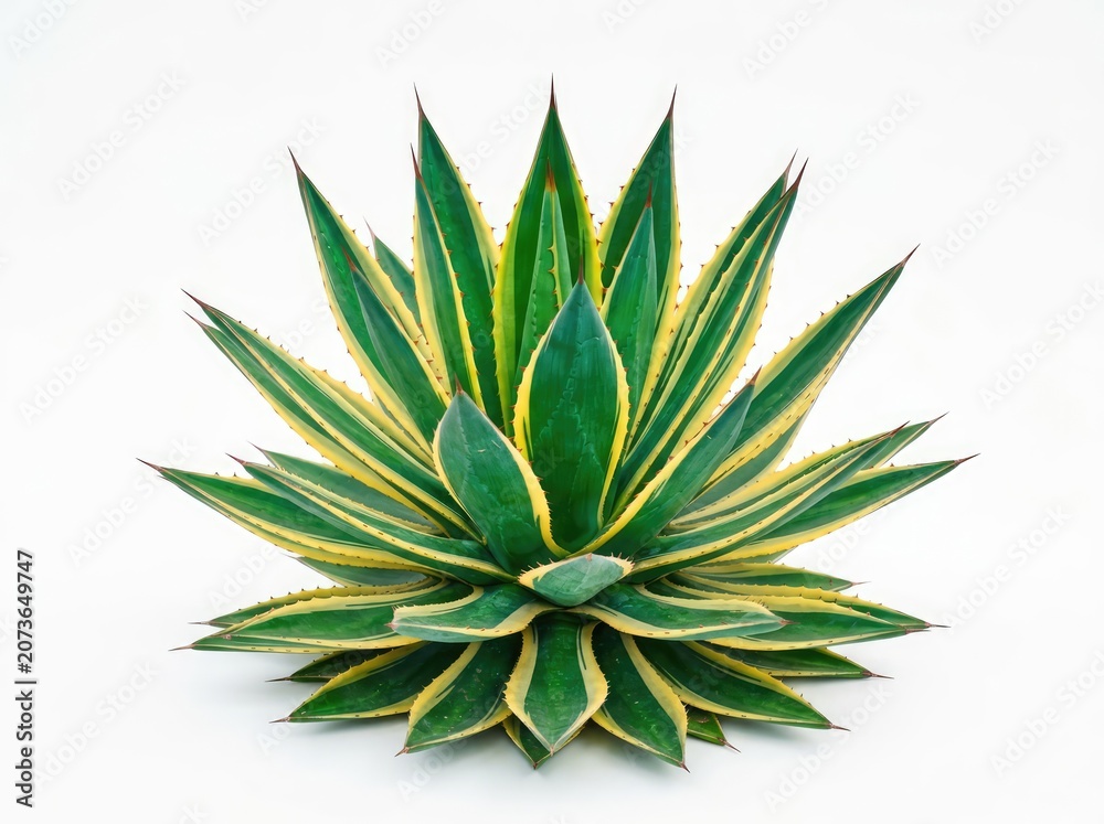 Fototapeta premium A vibrant Agave plant with striking green and yellow variegated leaves, showcased in its full, symmetrical glory against a clean backdrop