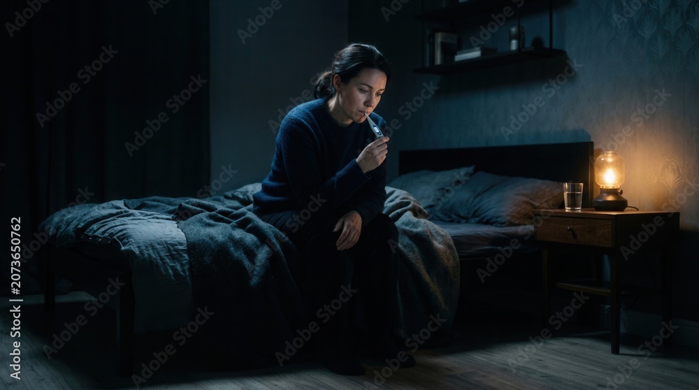 Fototapeta premium Woman Alone At Night Using Inhaler In Dimly Lit Bedroom Setting