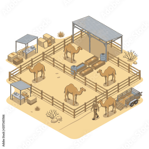 Quadro em tela Isometric illustration of a camel farm in a desert landscape with a handler and a trailer