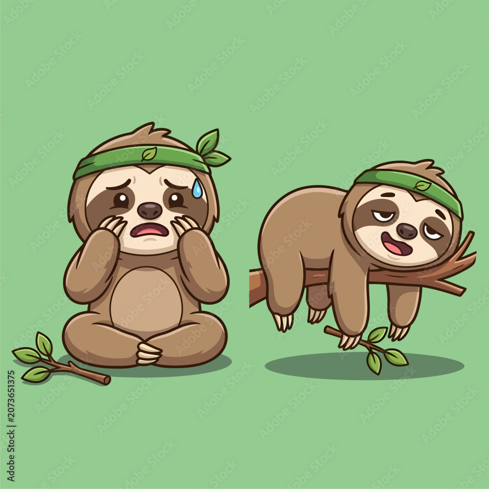 Naklejka premium Cute Cartoon Sloth Character Set Showing Different Emotions Vector