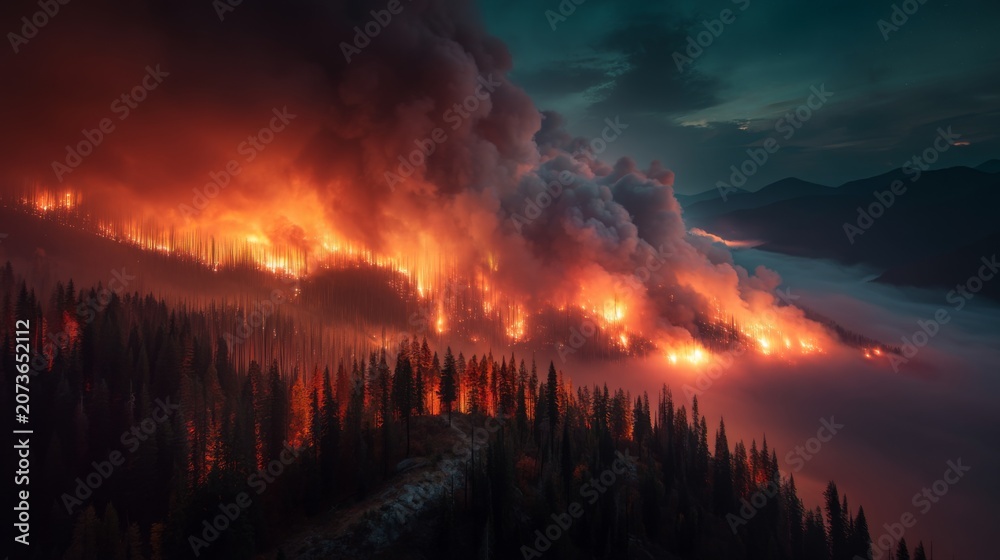 Fototapeta premium Dramatic Wildfire Erupts in Mountainous Region with Dark Smoke Plumes Rising Above Lush Green Forests in the Early Dawn Light