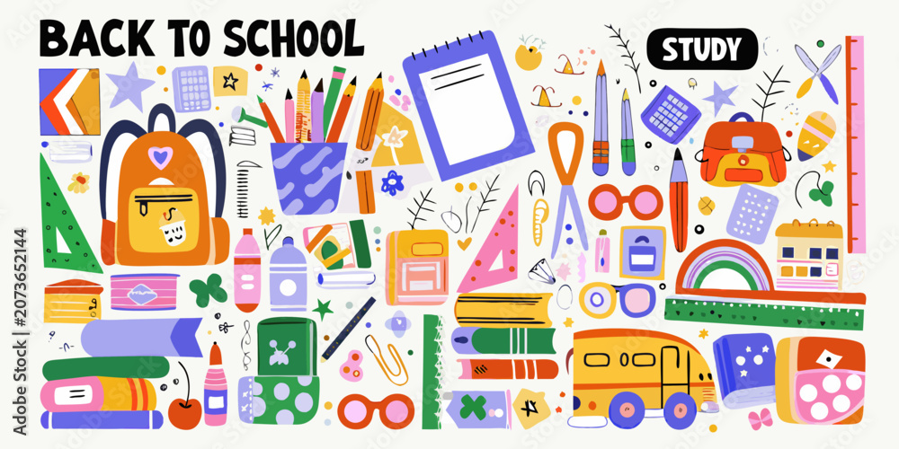 Fototapeta premium School Supplies Vector Illustration With Colorful Educational Elements