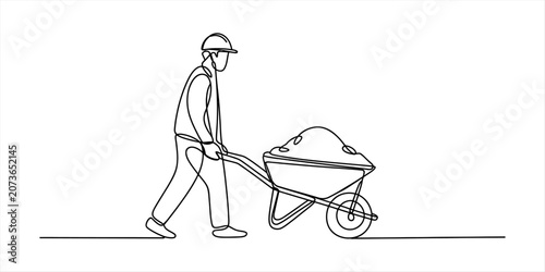 Schilderij op canvas Continuous line drawing of a construction worker pushing a wheelbarrow filled wi