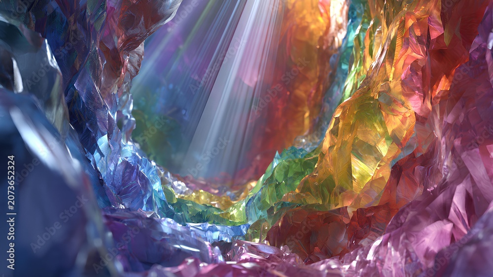 Naklejka premium A vibrant cave interior filled with colorful crystals and illuminated by a beam of light.