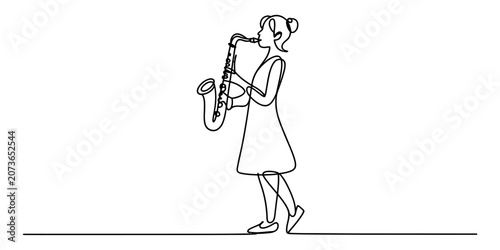 Canvas Print Continuous single line drawing of a young woman playing a saxophone as a musicia