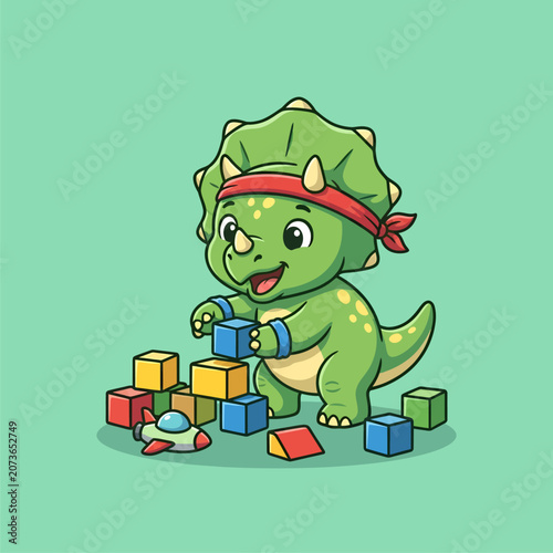 Cute Baby Triceratops Dinosaur Playing With Colorful Toy Building Blocks