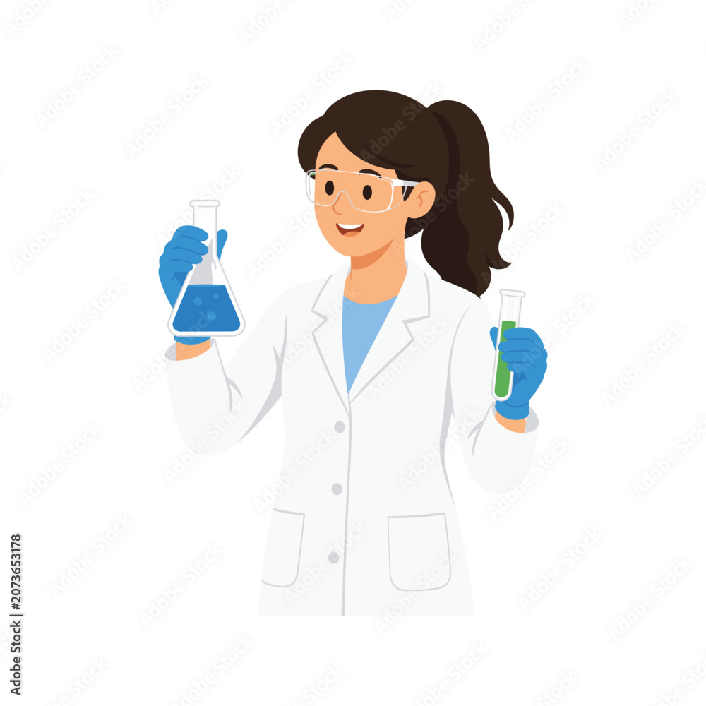 Fototapeta premium Smiling female scientist holding beaker and test tube
