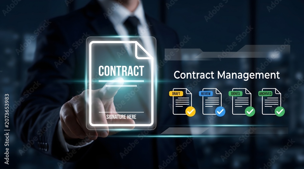Fototapeta premium Digital Contract Management System with Electronic Signature Workflow, Document Review and Business Agreement Automation
