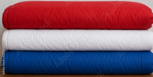 Red, white, and blue folded quilts matching national flag colors.